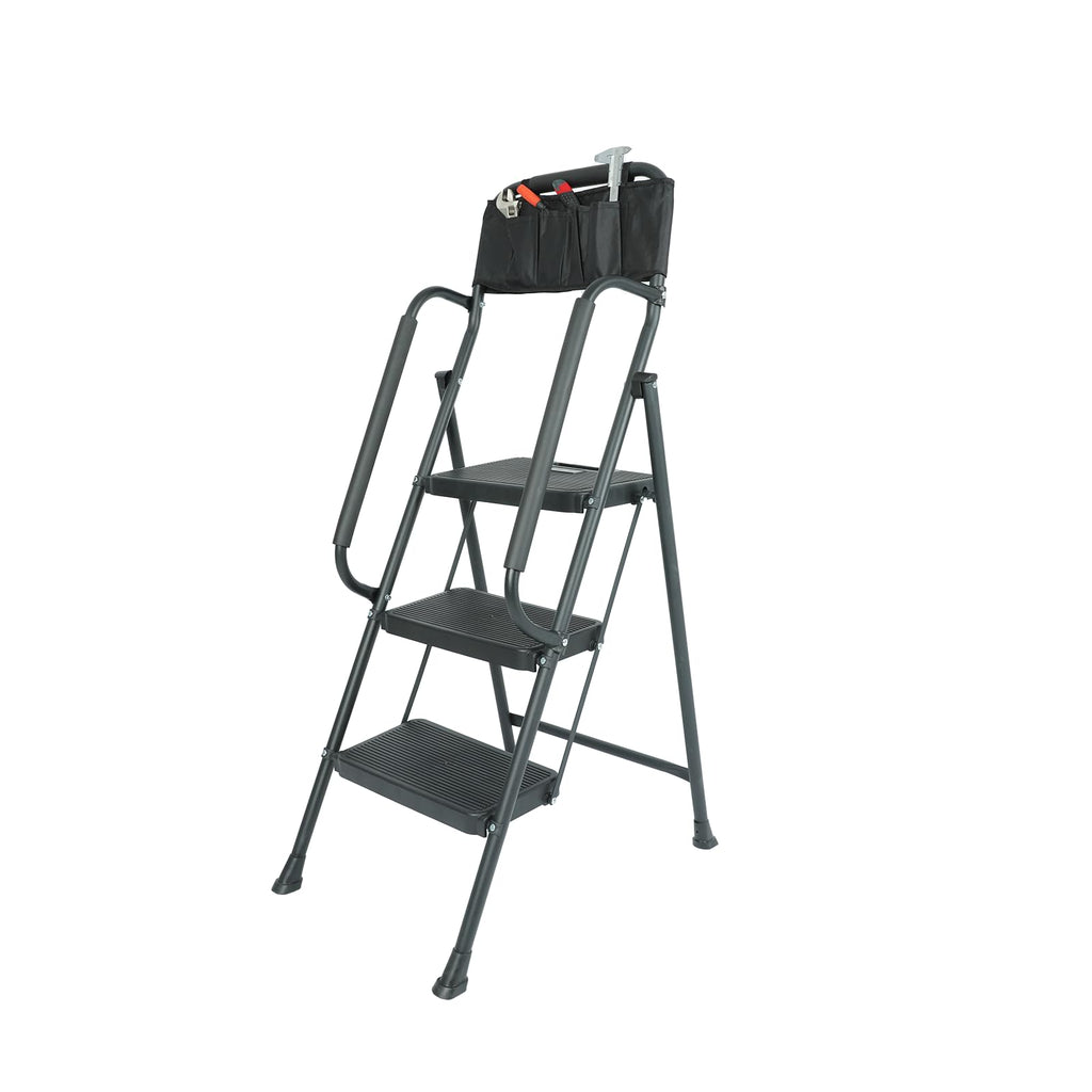 3 Step Folding Ladder with Handrails and Tool Bag, 500 lbs, Black T26753