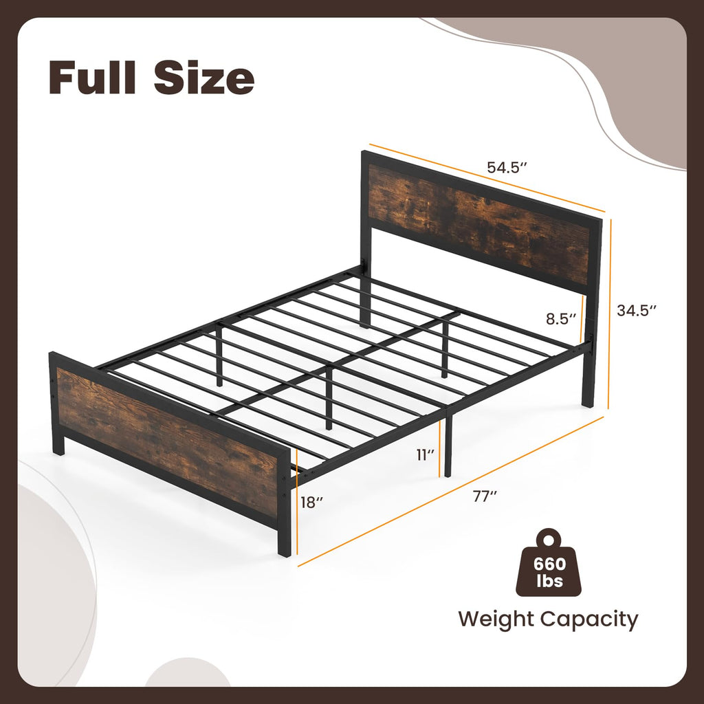 Metal Full Size Platform Bed Frame with Wood Headboard and Footboard Y633