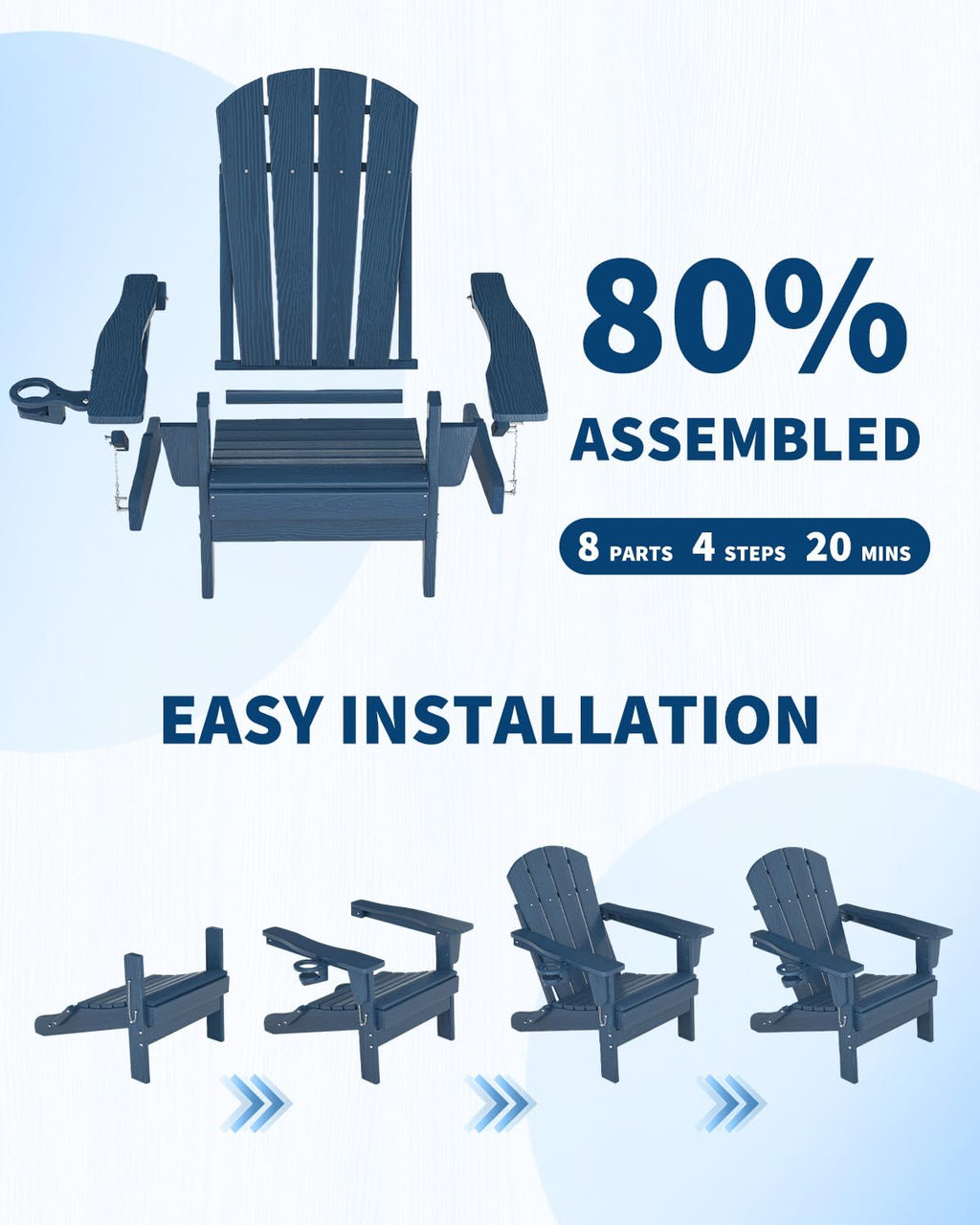 Navy Blue HDPE Folding Adirondack Chair Set of 6 with Cup Holder S86284