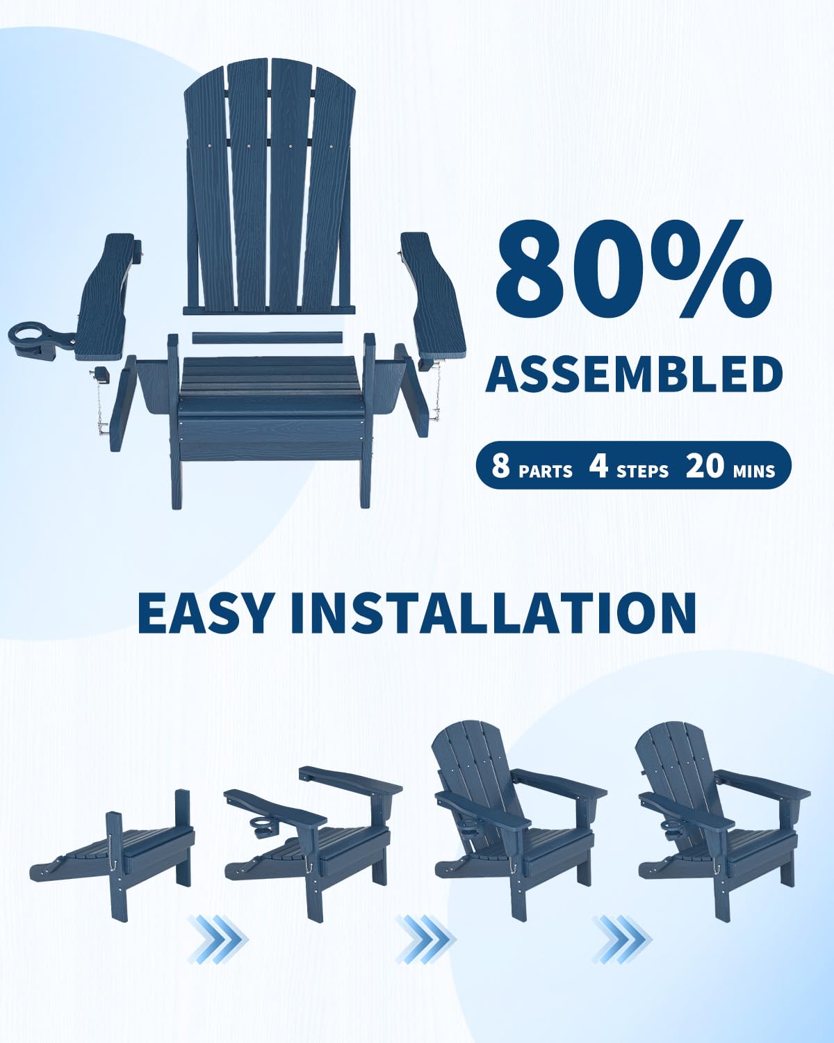 Navy Blue HDPE Folding Adirondack Chair Set of 6 with Cup Holder S86284