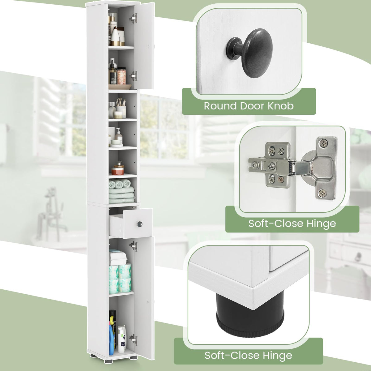 White Tall Slim Bathroom Storage Cabinet with 2 Doors 1 Drawer G9803