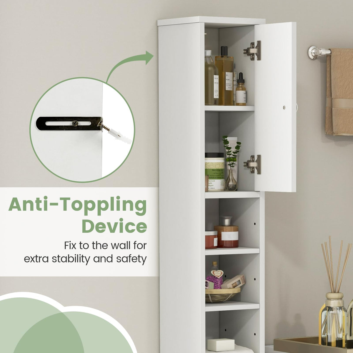 White Tall Slim Bathroom Storage Cabinet with 2 Doors 1 Drawer G9803