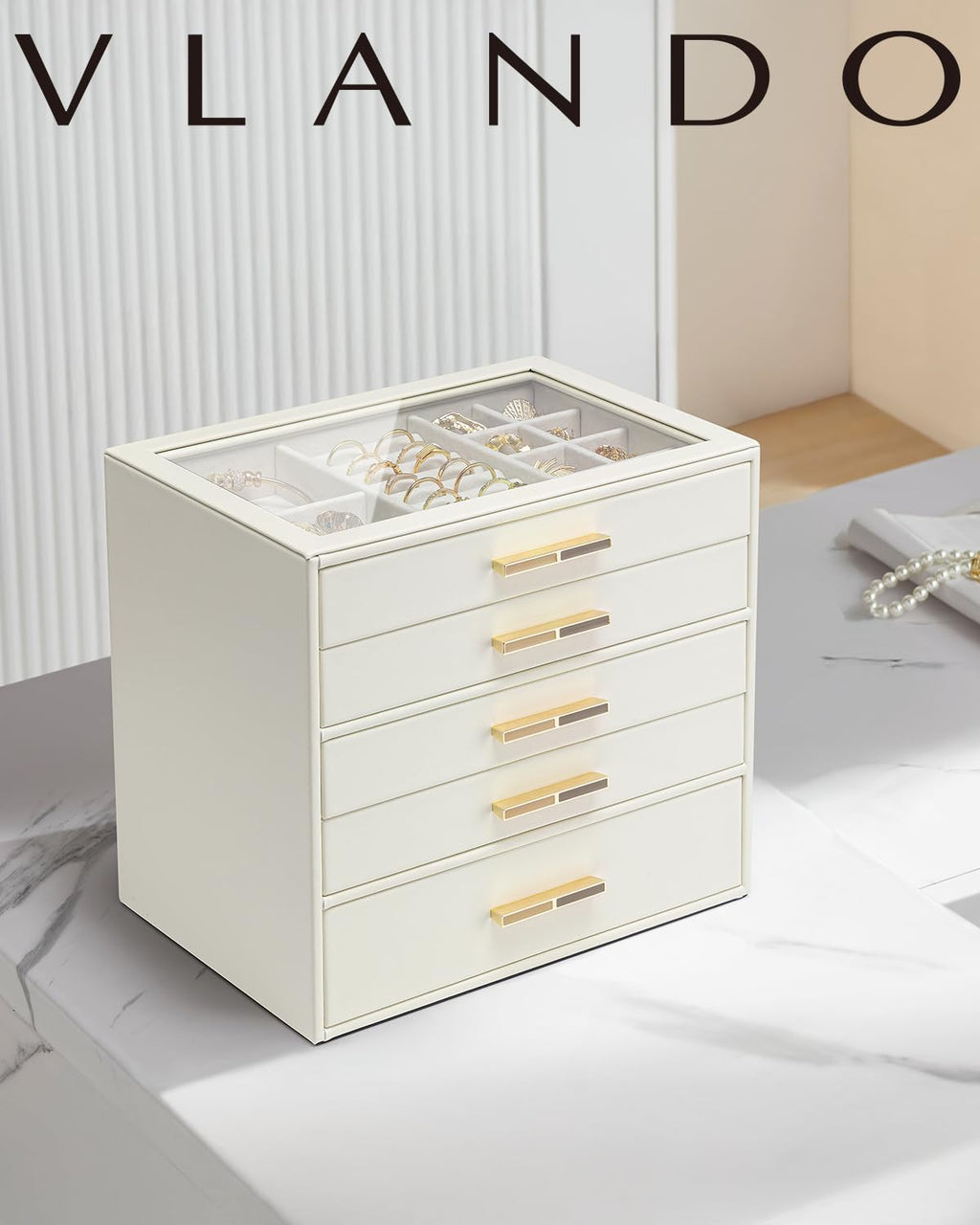 5 Layer Glass Lid Jewelry Organizer with 5 Drawers P19663
