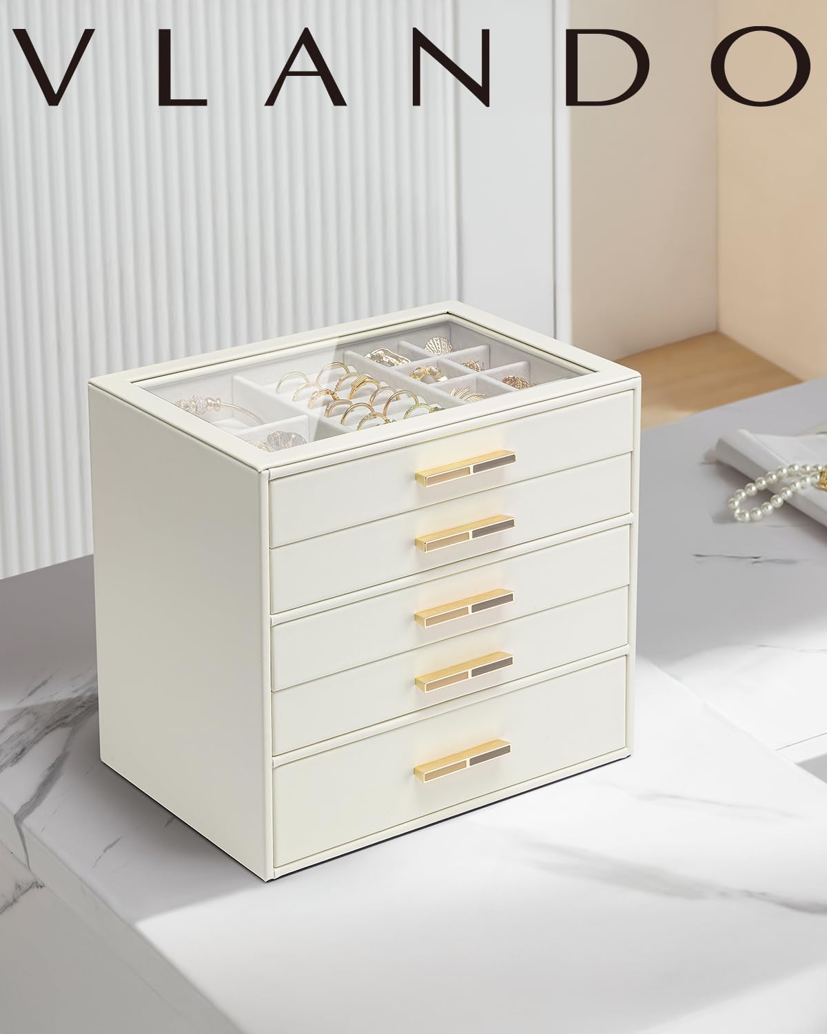 5 Layer Glass Lid Jewelry Organizer with 5 Drawers P19663