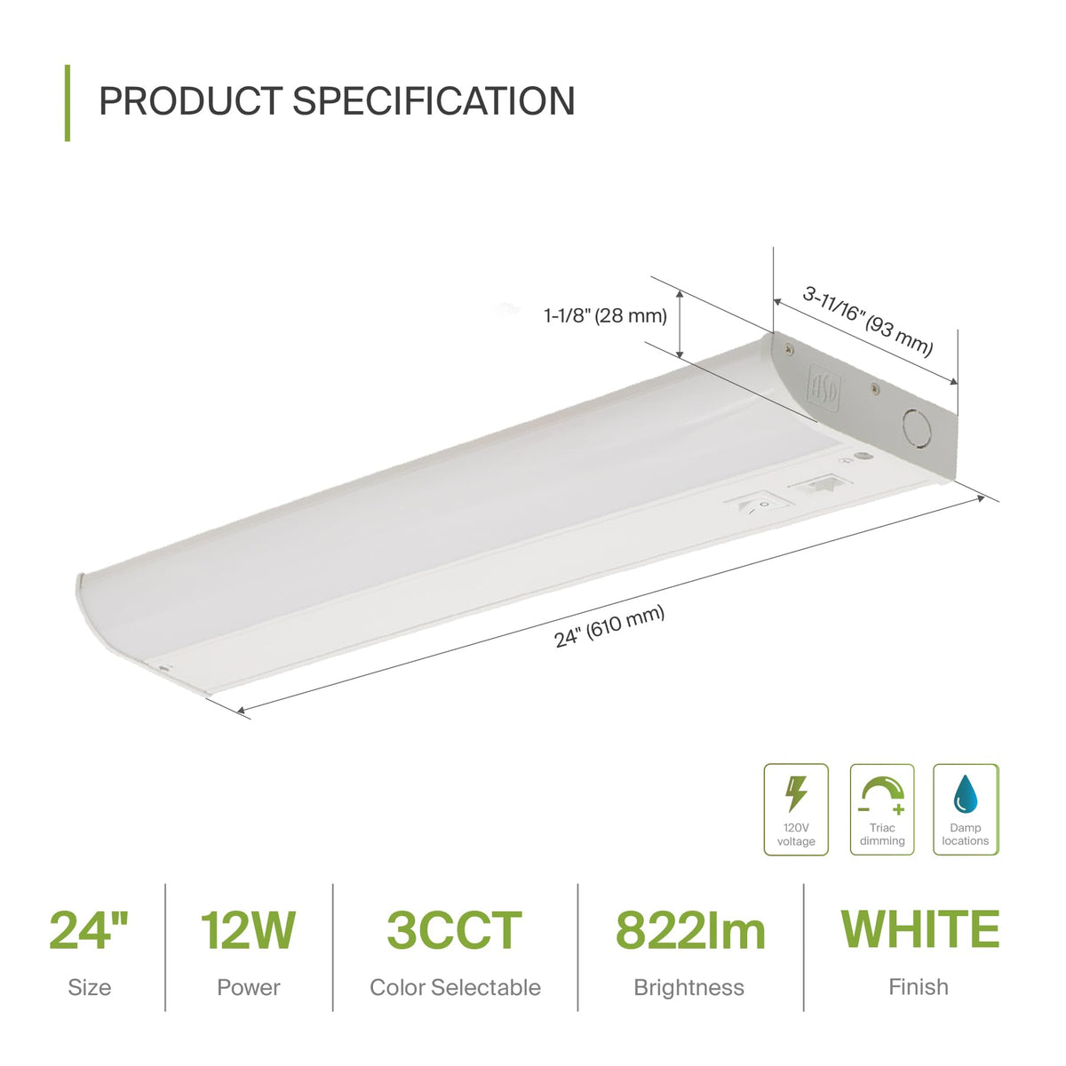 24 inch 12W Dimmable LED Under Cabinet Lighting 2 Pack D74610