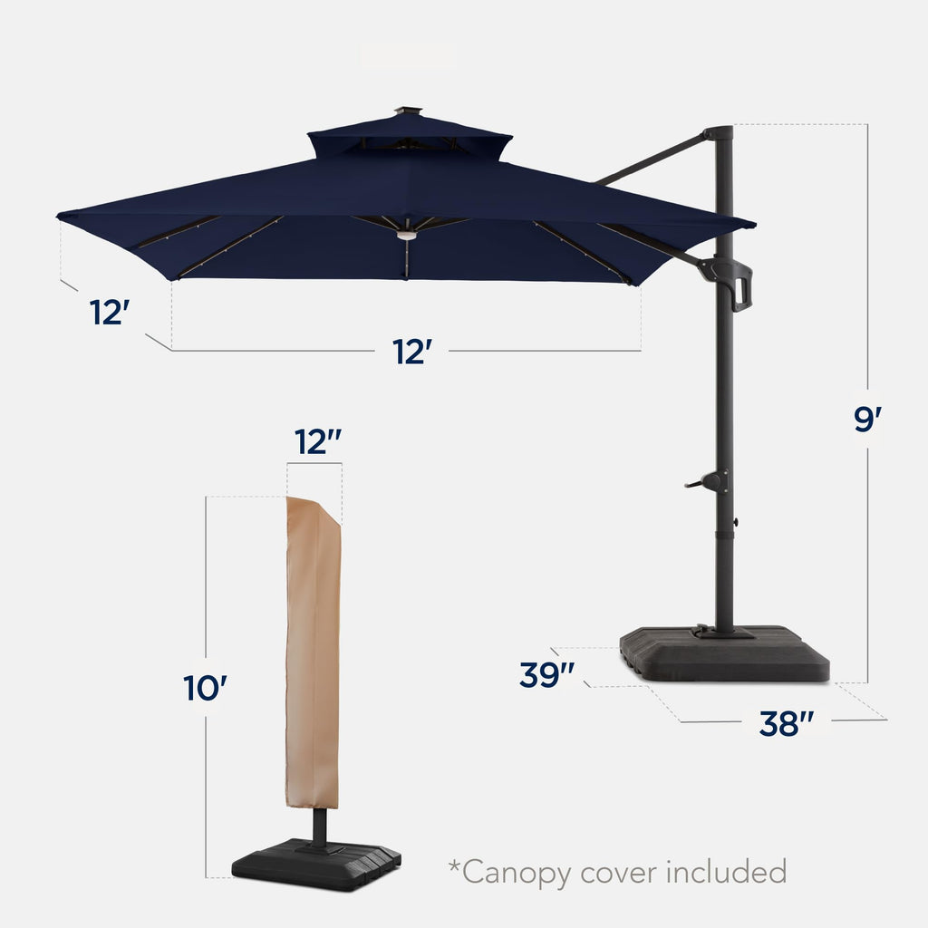 12x12ft LED Cantilever Patio Umbrella with Base and 360° Rotation B29853