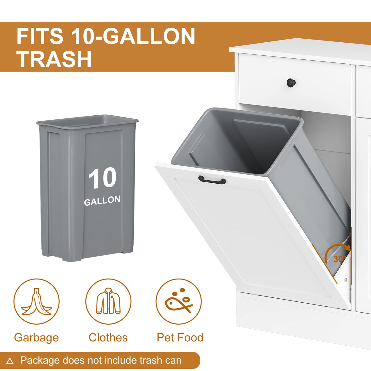 White 20 Gallons Wooden Tilt Out Trash Can Cabinet with 2 Drawers T1131
