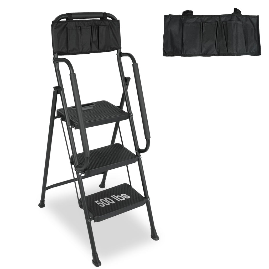 3 Step Folding Ladder with Handrails and Tool Bag, 500 lbs, Black T26753