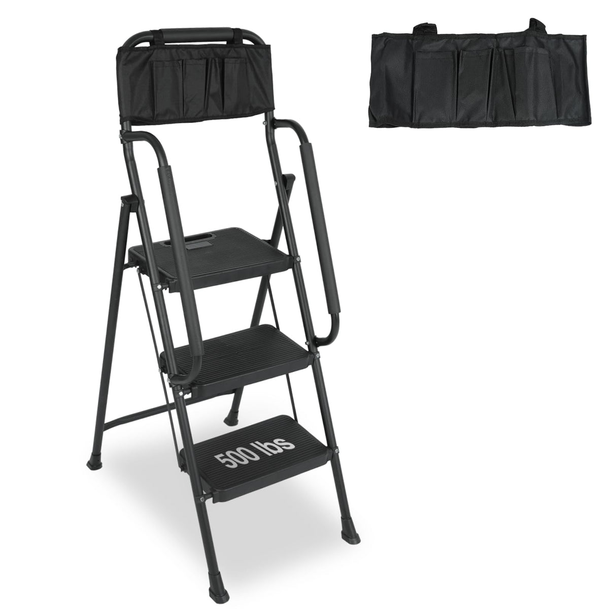 3 Step Folding Ladder with Handrails and Tool Bag, 500 lbs, Black T26753