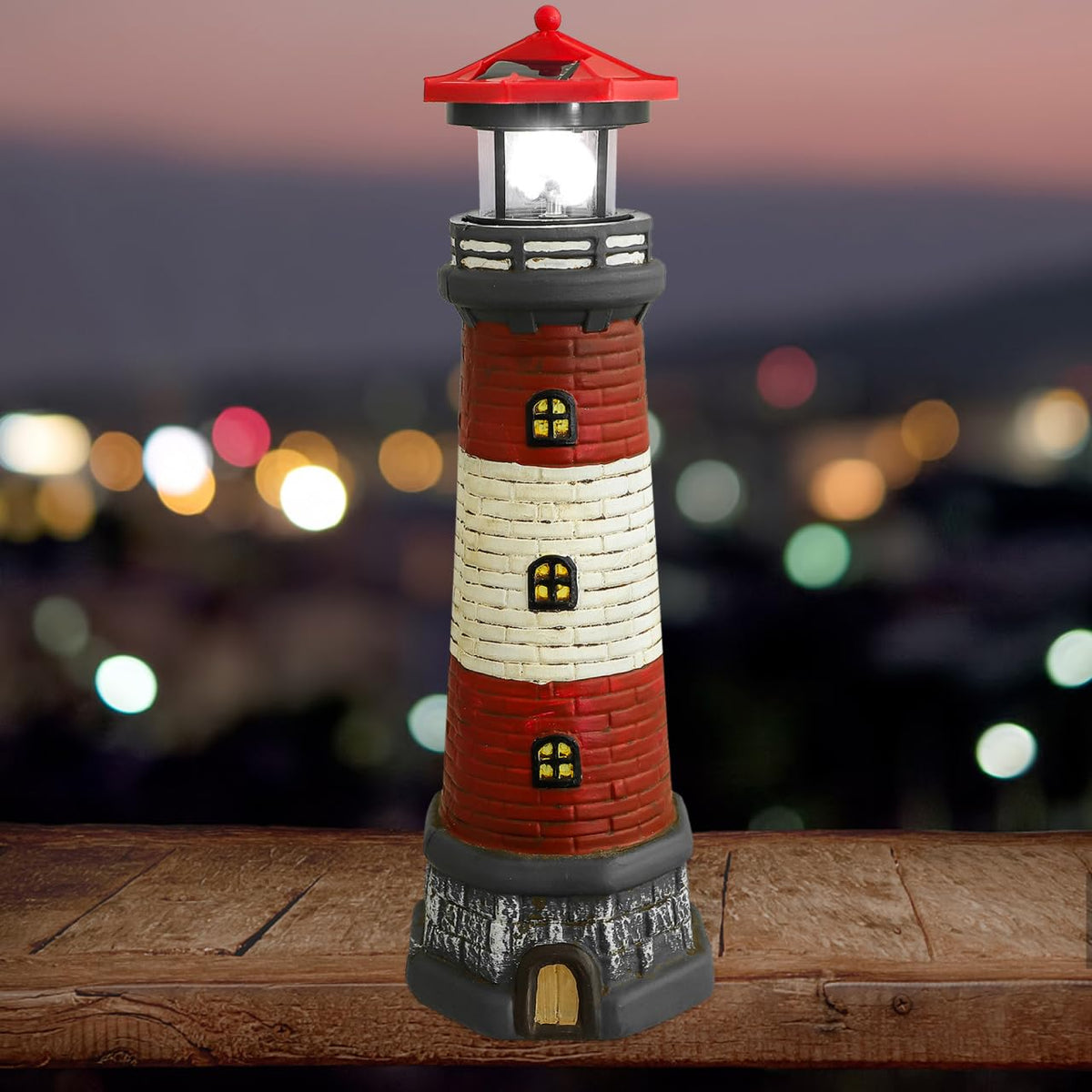 Solar Lighthouse with Rotating LED Lights 15 Inch Tall Z13243