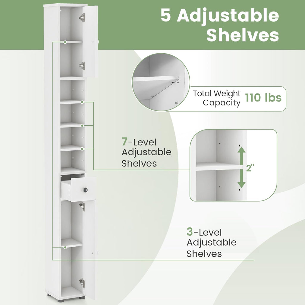 White Tall Slim Bathroom Storage Cabinet with 2 Doors 1 Drawer G9803