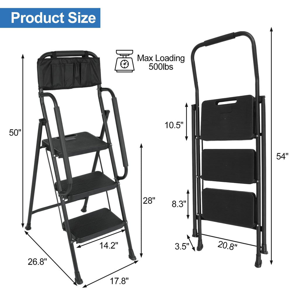 3 Step Folding Ladder with Handrails and Tool Bag, 500 lbs, Black T26753