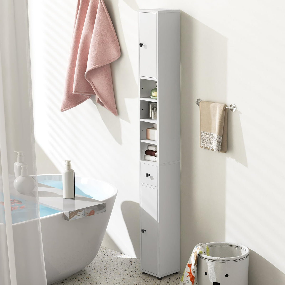 White Tall Slim Bathroom Storage Cabinet with 2 Doors 1 Drawer G9803