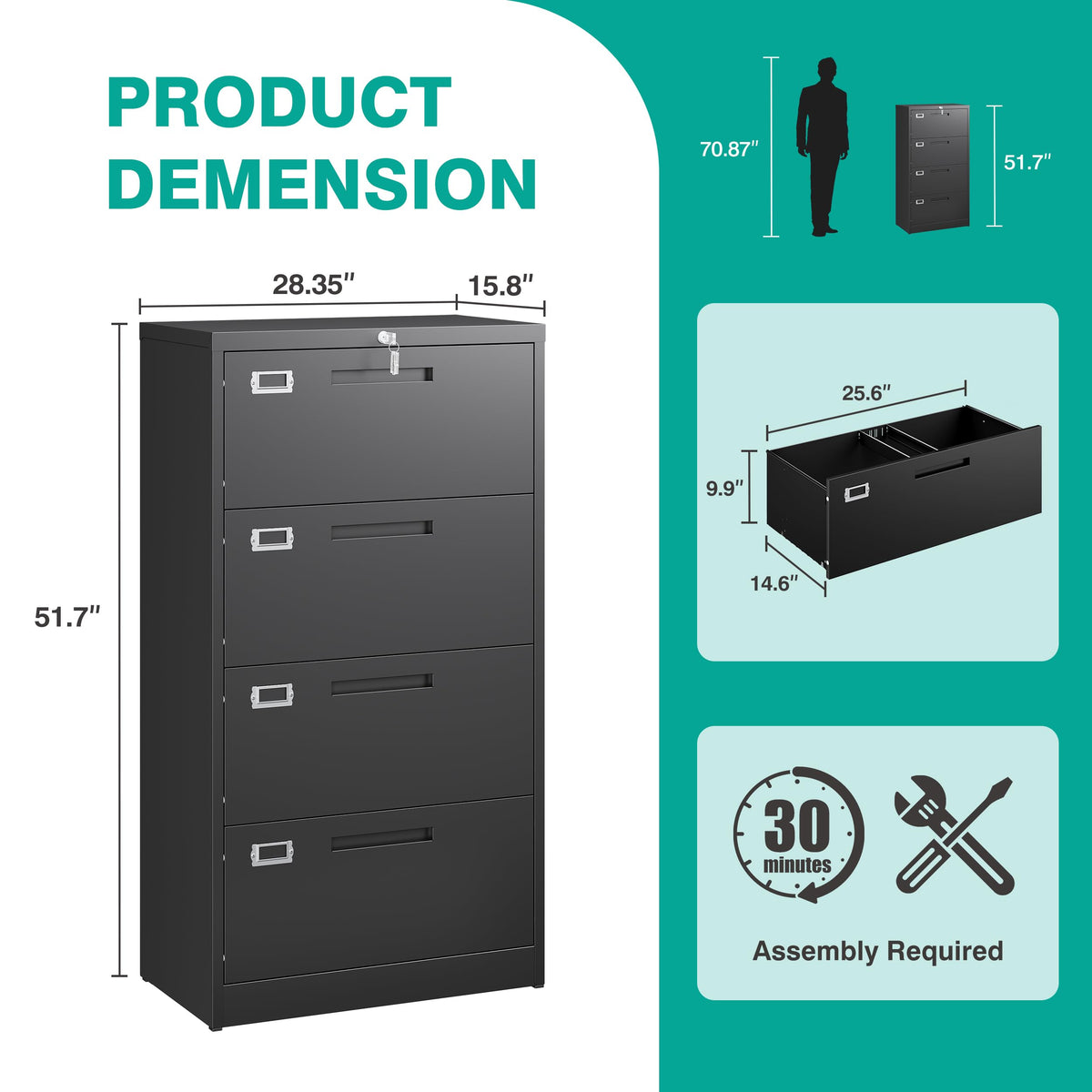 Black 4 Drawer Metal Lateral File Cabinet with Lock E8082