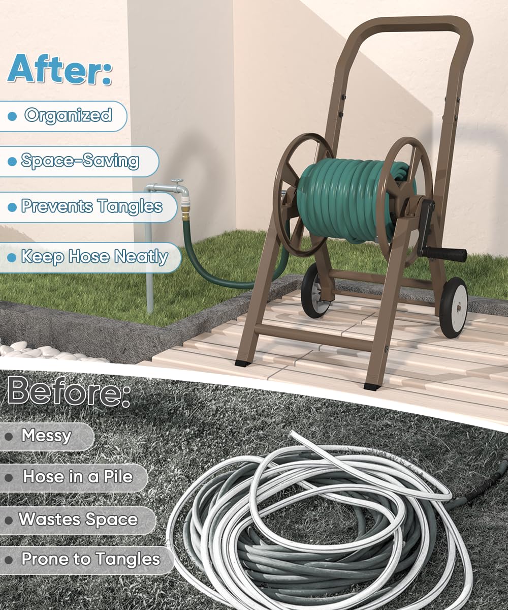 Garden Hose Reel Cart with Wheels, Holds 165 ft of 5/8'' Hose, Heavy Duty Steel, Brown N585