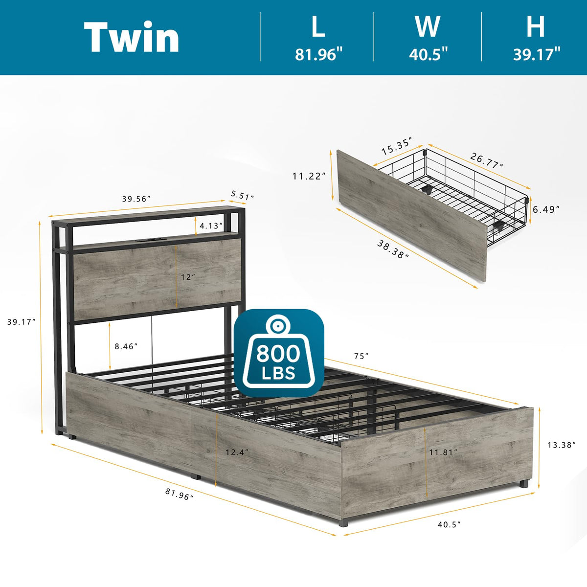 Twin Size Bed Frame with 4 Storage Drawers H5977