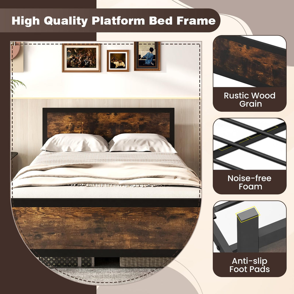 Metal Full Size Platform Bed Frame with Wood Headboard and Footboard Y633