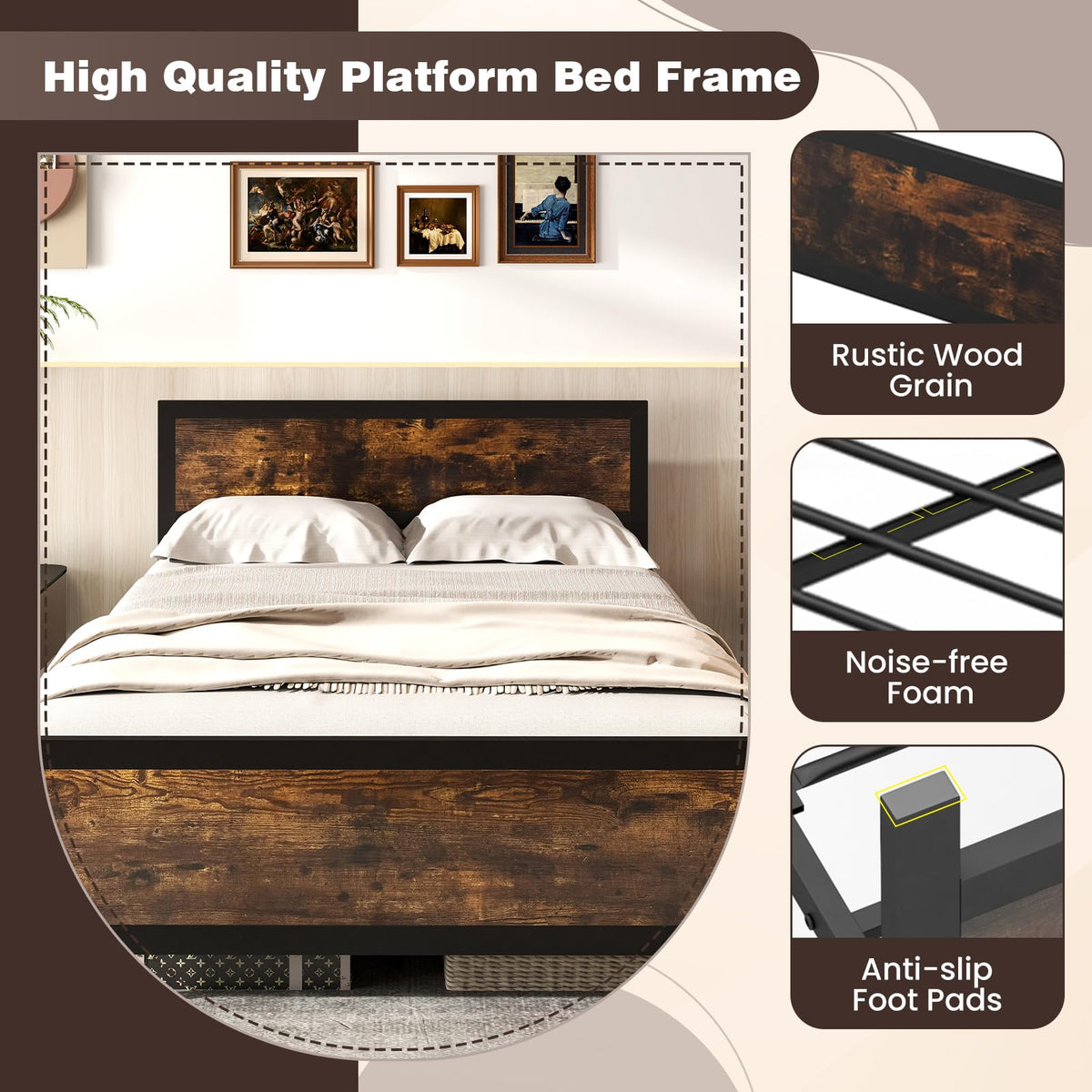 Metal Full Size Platform Bed Frame with Wood Headboard and Footboard Y633