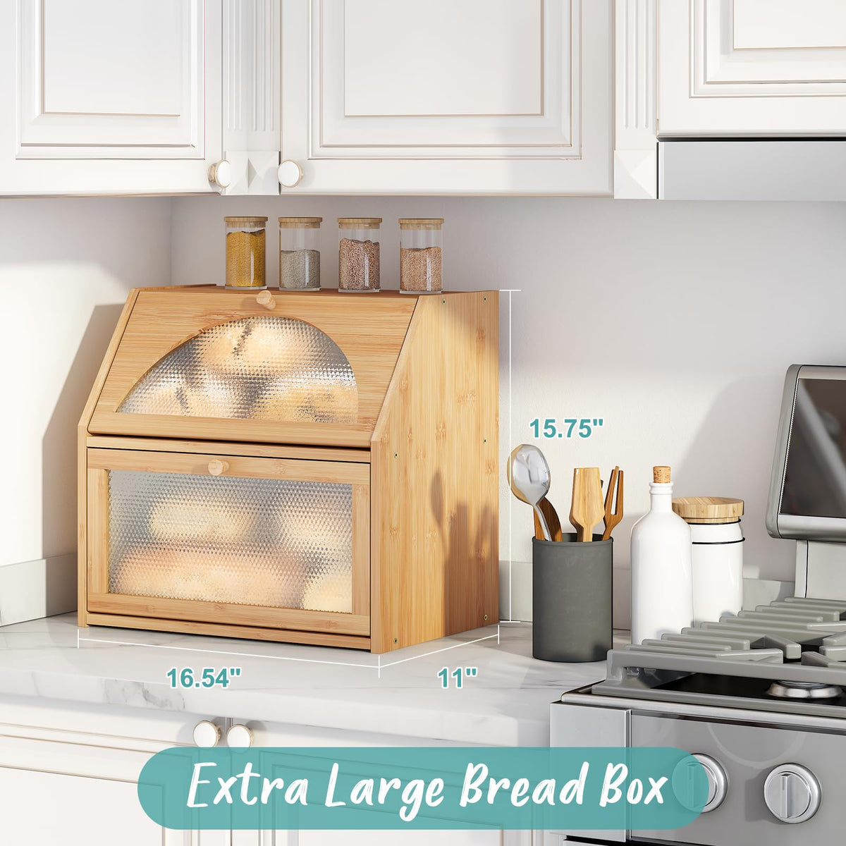 Extra Large Bamboo Wood Double Layer Bread Box X586