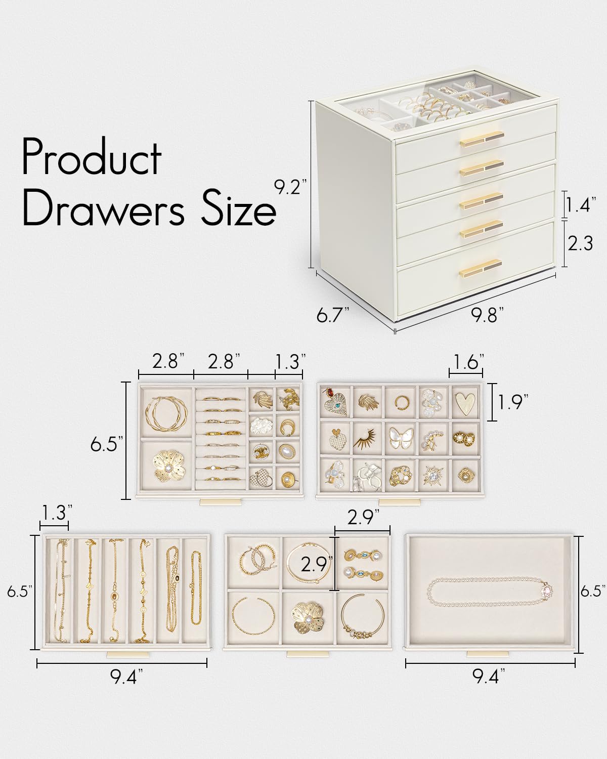 5 Layer Glass Lid Jewelry Organizer with 5 Drawers P19663