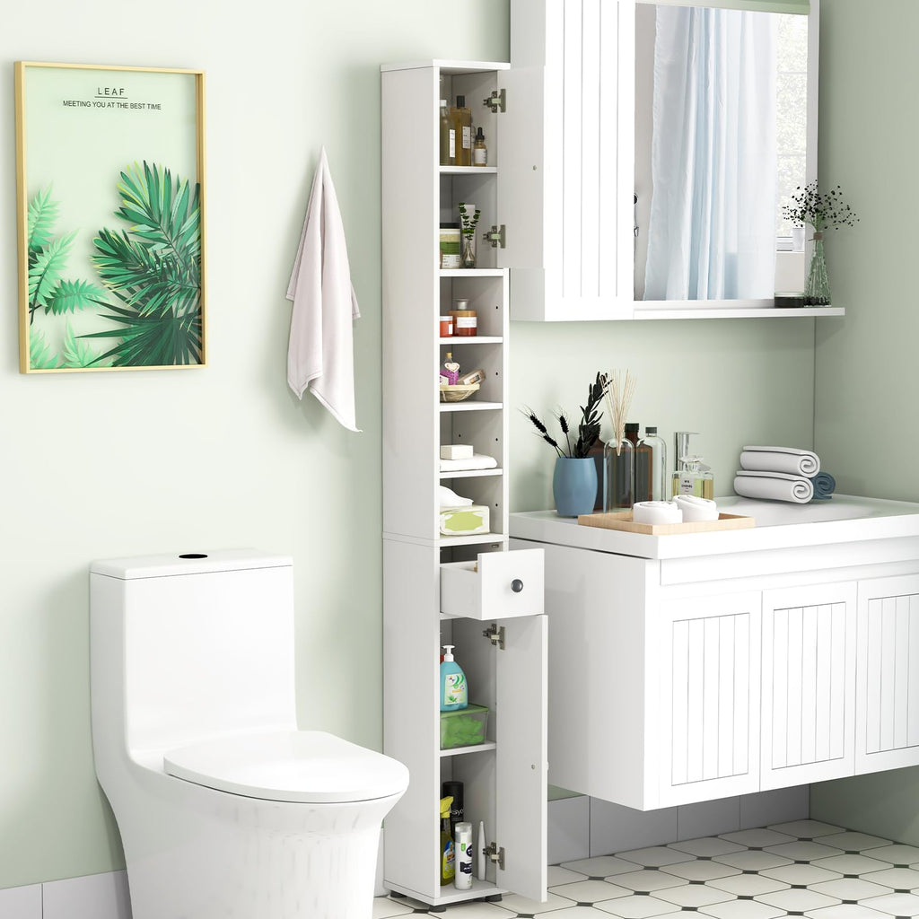 White Tall Slim Bathroom Storage Cabinet with 2 Doors 1 Drawer G9803