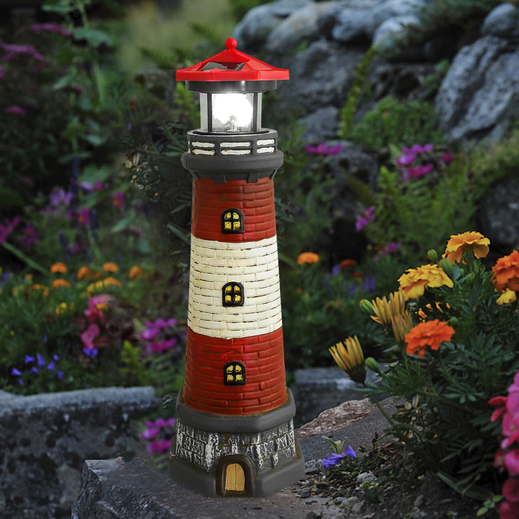 Solar Lighthouse with Rotating LED Lights 15 Inch Tall Z13243