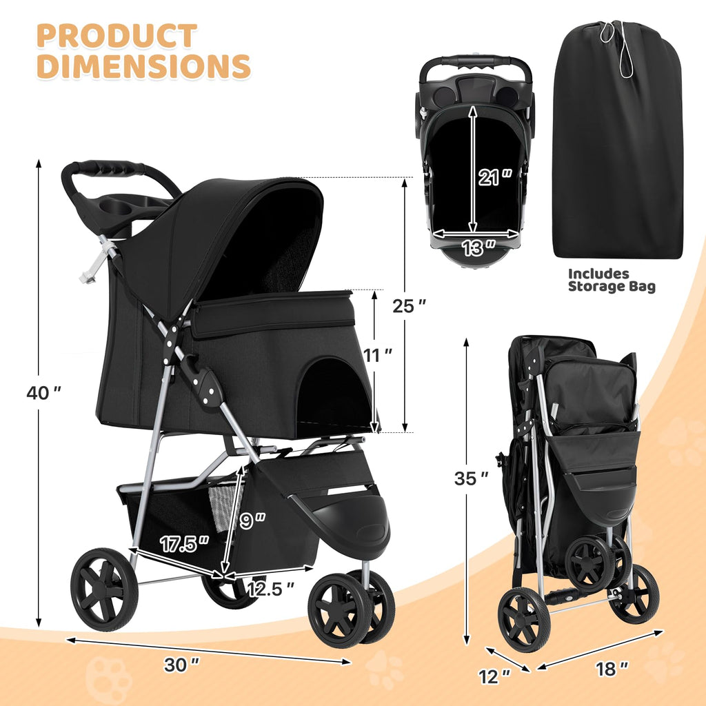 3-Wheel Pet Stroller for Small/Medium Dog Cat, Up to 33lbs, Black Z31051