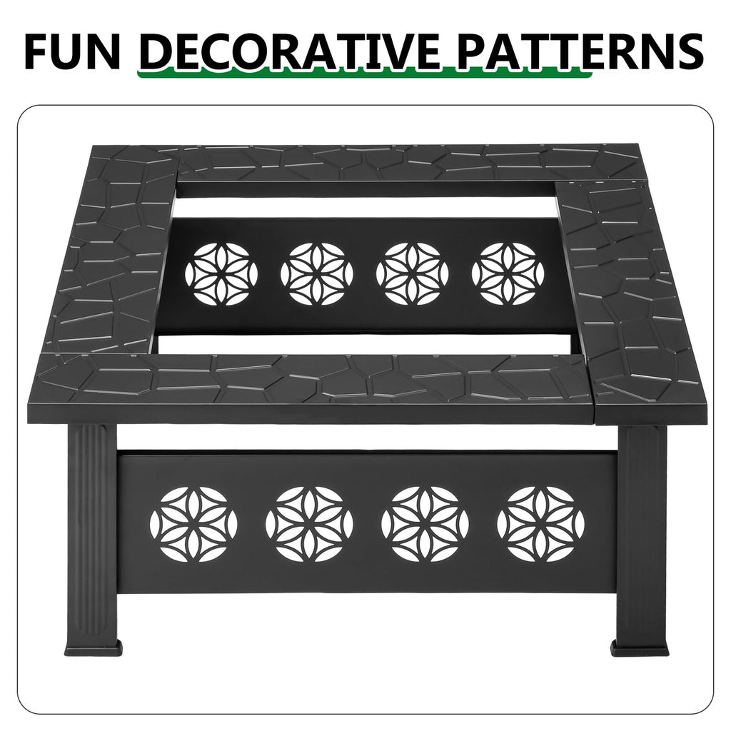 32 Inch Square Wood Burning Fire Pit Table with Spark Screen Lid and Fire Poker I664