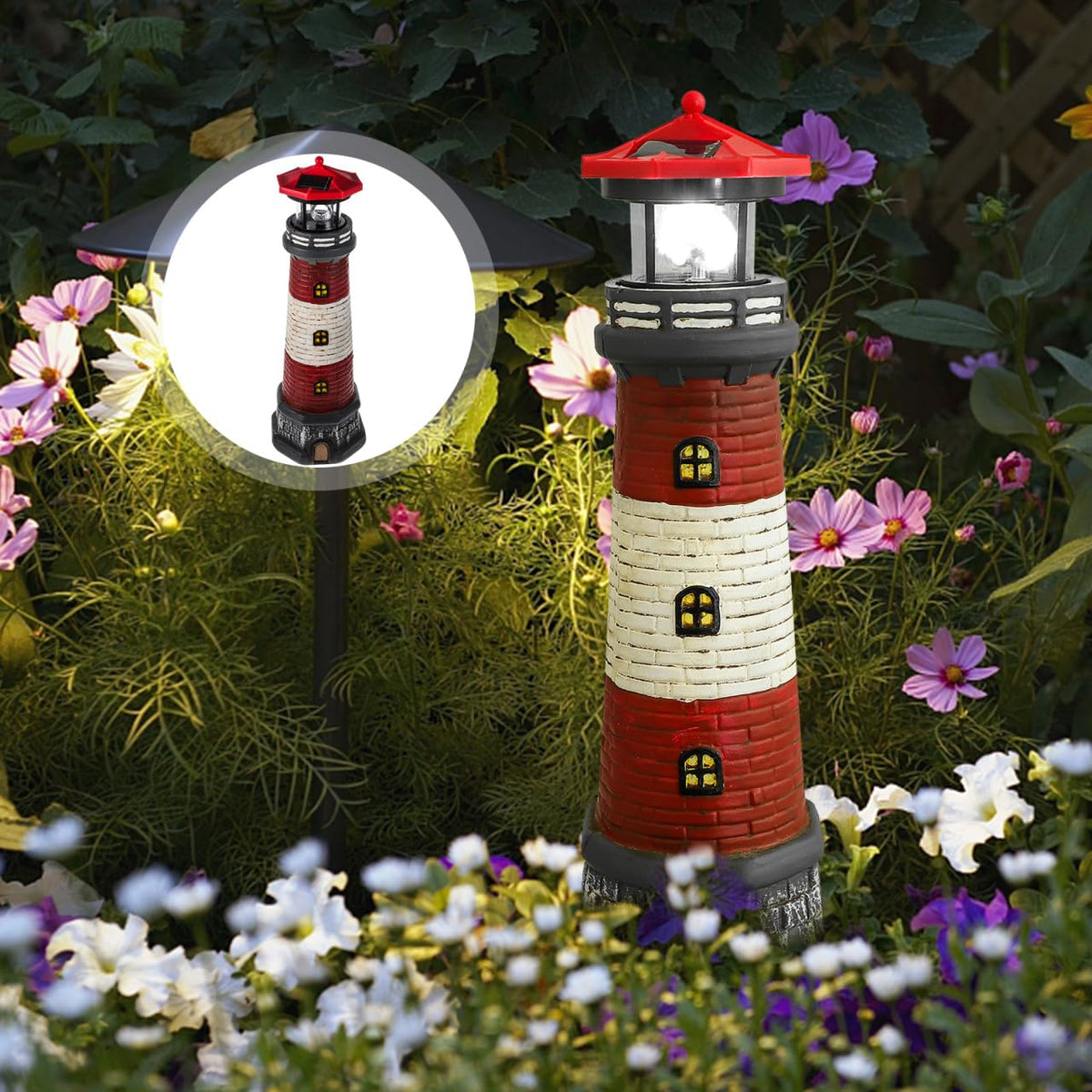 Solar Lighthouse with Rotating LED Lights 15 Inch Tall Z13243