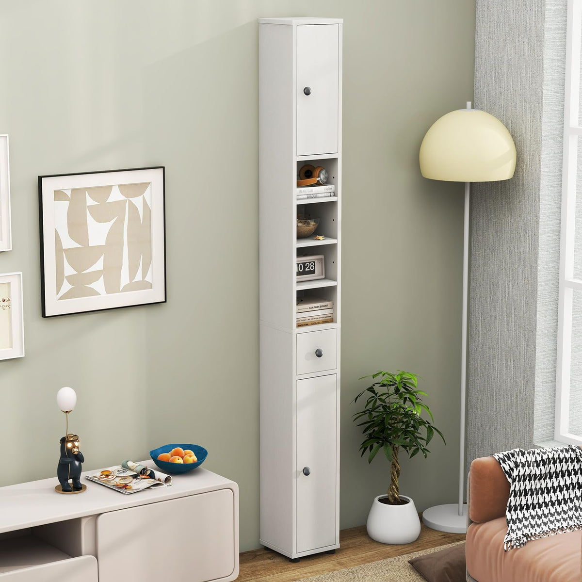 White Tall Slim Bathroom Storage Cabinet with 2 Doors 1 Drawer G9803