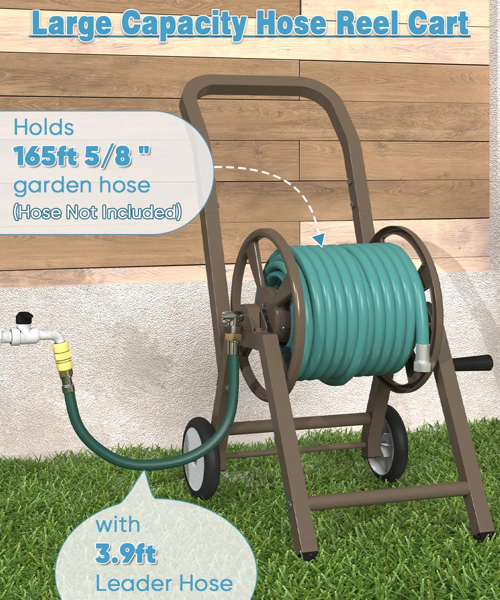 Garden Hose Reel Cart with Wheels, Holds 165 ft of 5/8'' Hose, Heavy Duty Steel, Brown N585