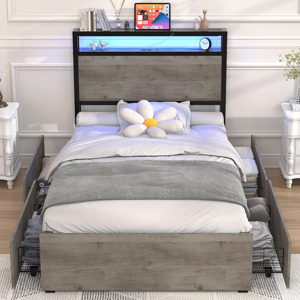 Twin Size Bed Frame with 4 Storage Drawers H5977