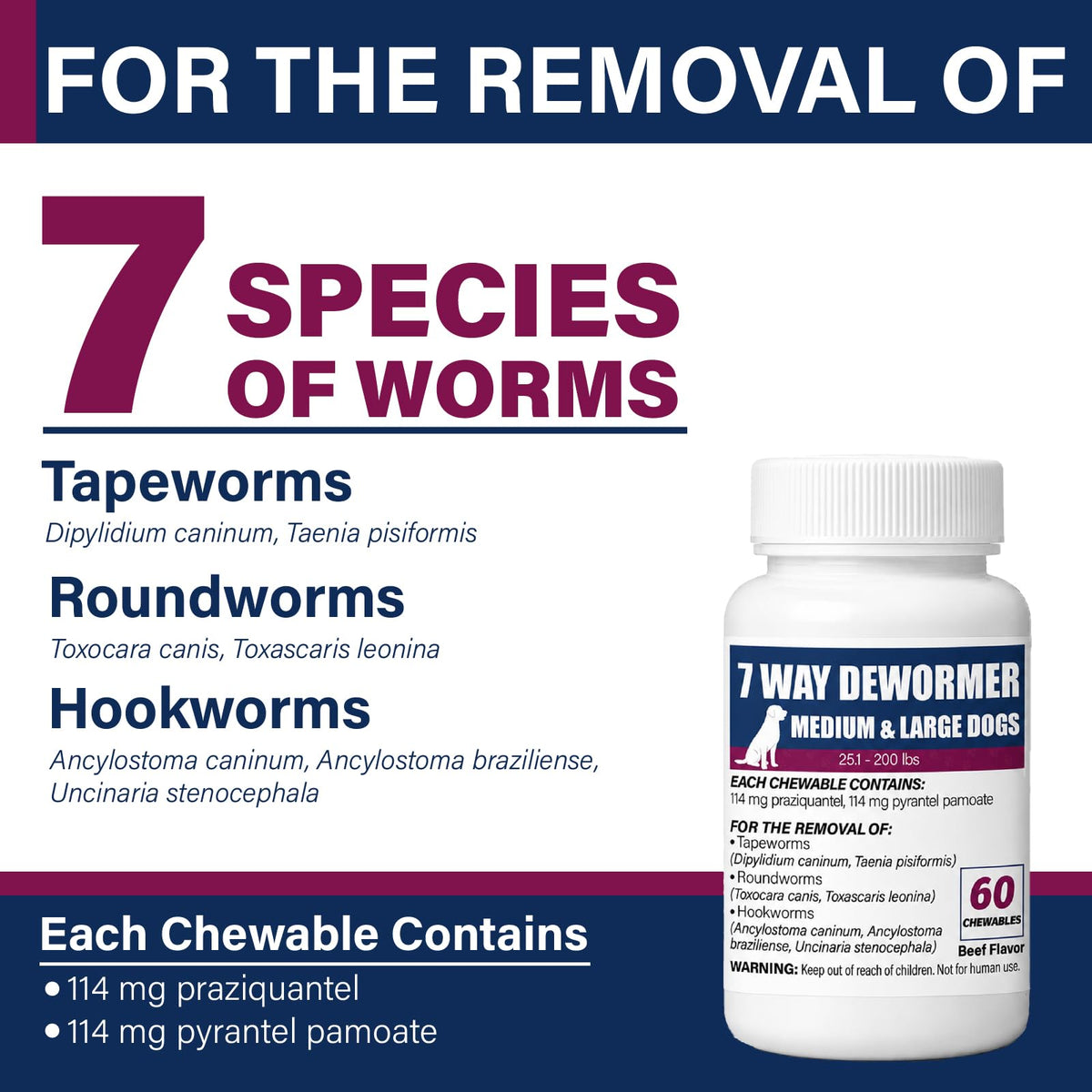7-Way Dewormer for Dogs, 60 Beef Flavored Chewables E3807