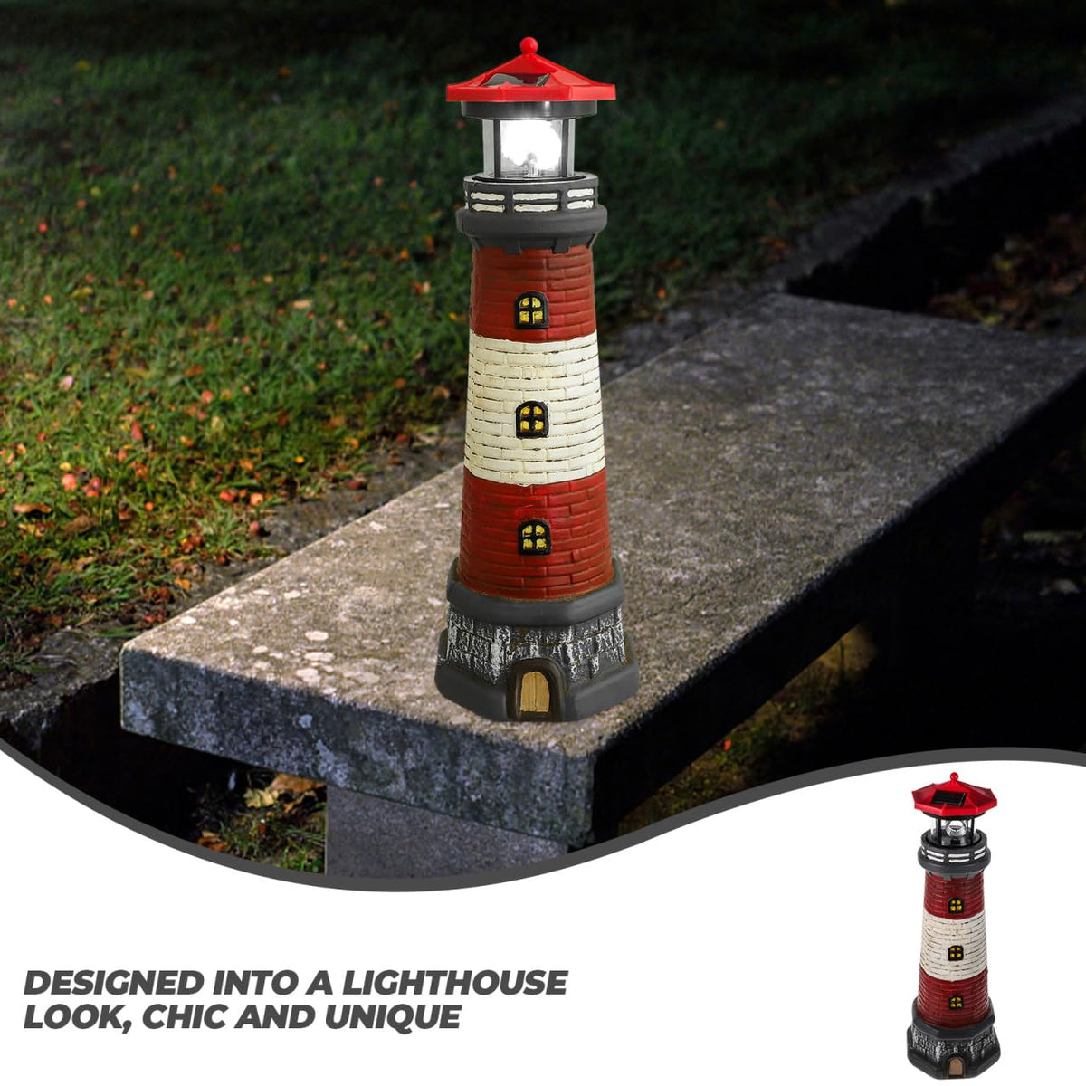 Solar Lighthouse with Rotating LED Lights 15 Inch Tall Z13243