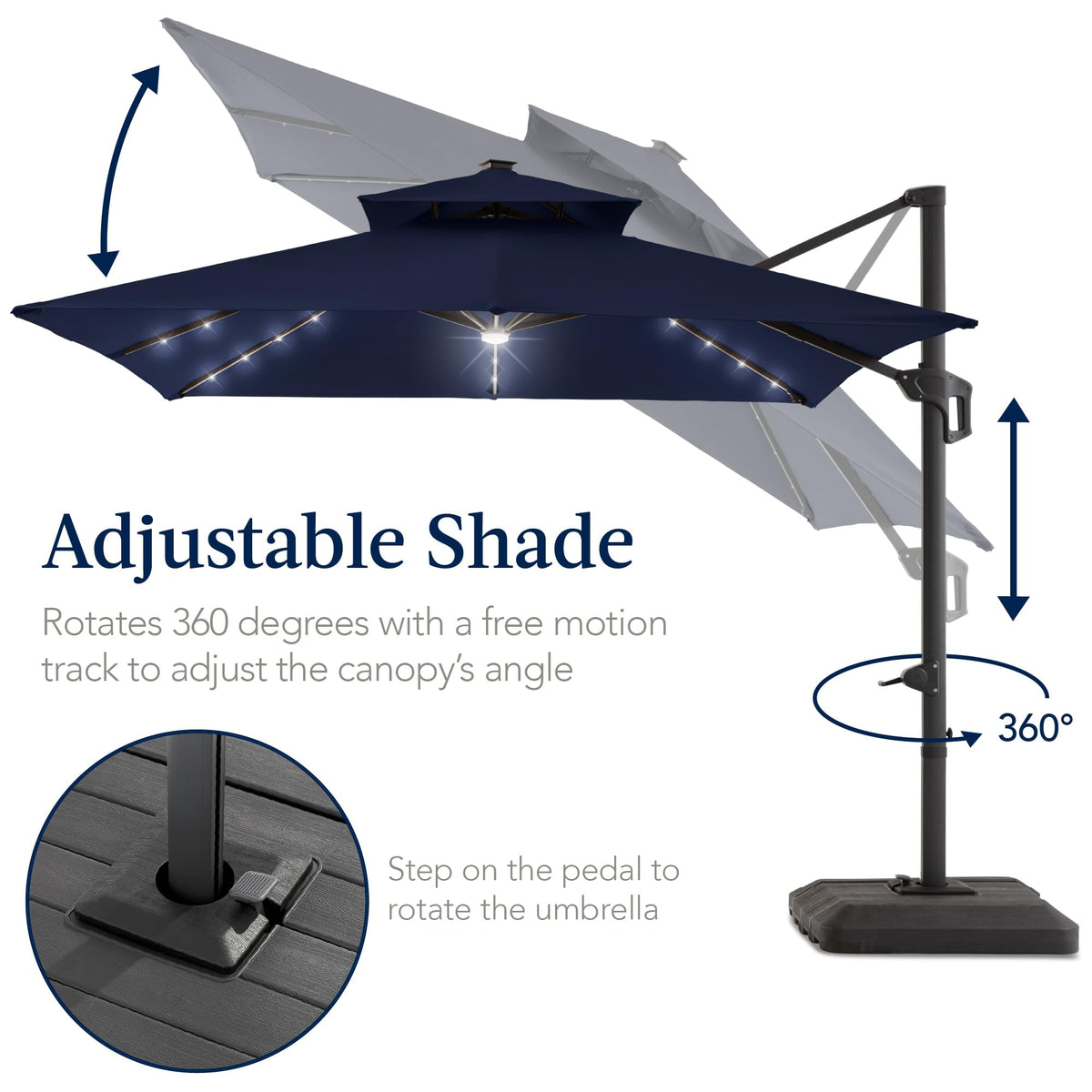 12x12ft LED Cantilever Patio Umbrella with Base and 360° Rotation B29853