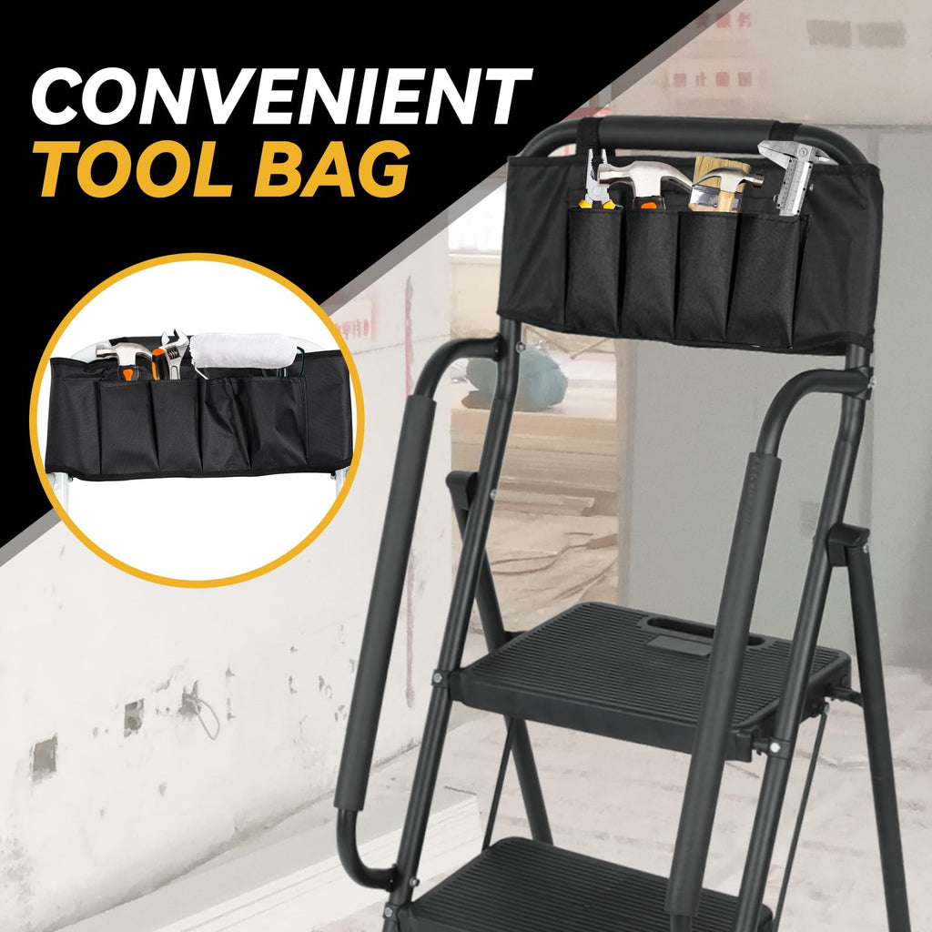 3 Step Folding Ladder with Handrails and Tool Bag, 500 lbs, Black T26753