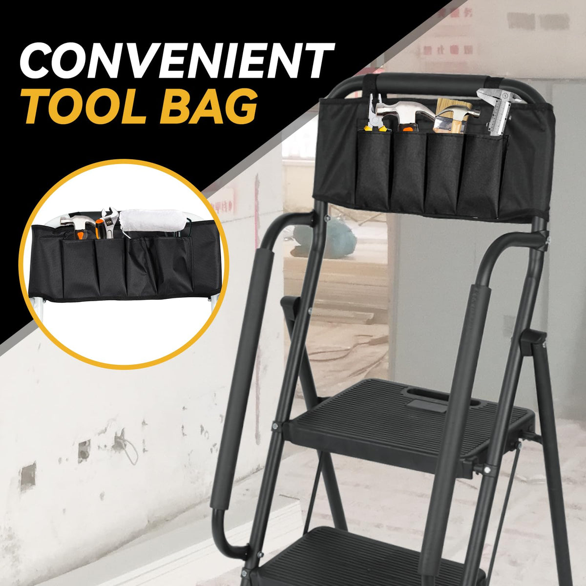 3 Step Folding Ladder with Handrails and Tool Bag, 500 lbs, Black T26753