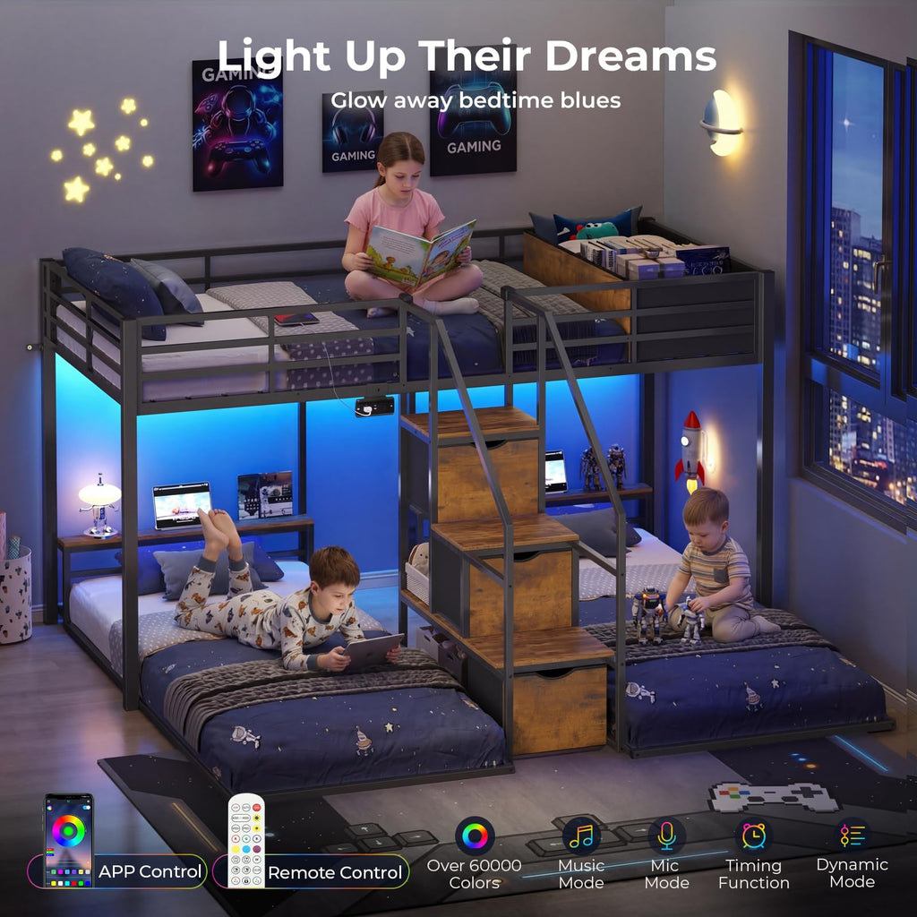 Black Triple Bunk Bed Twin Over Twin with Storage Staircase M753715