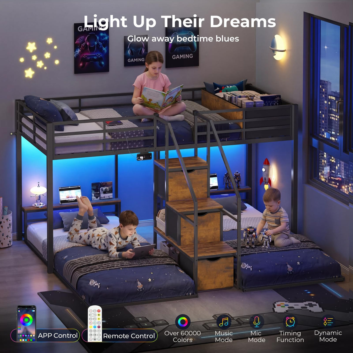 Black Triple Bunk Bed Twin Over Twin with Storage Staircase M753715