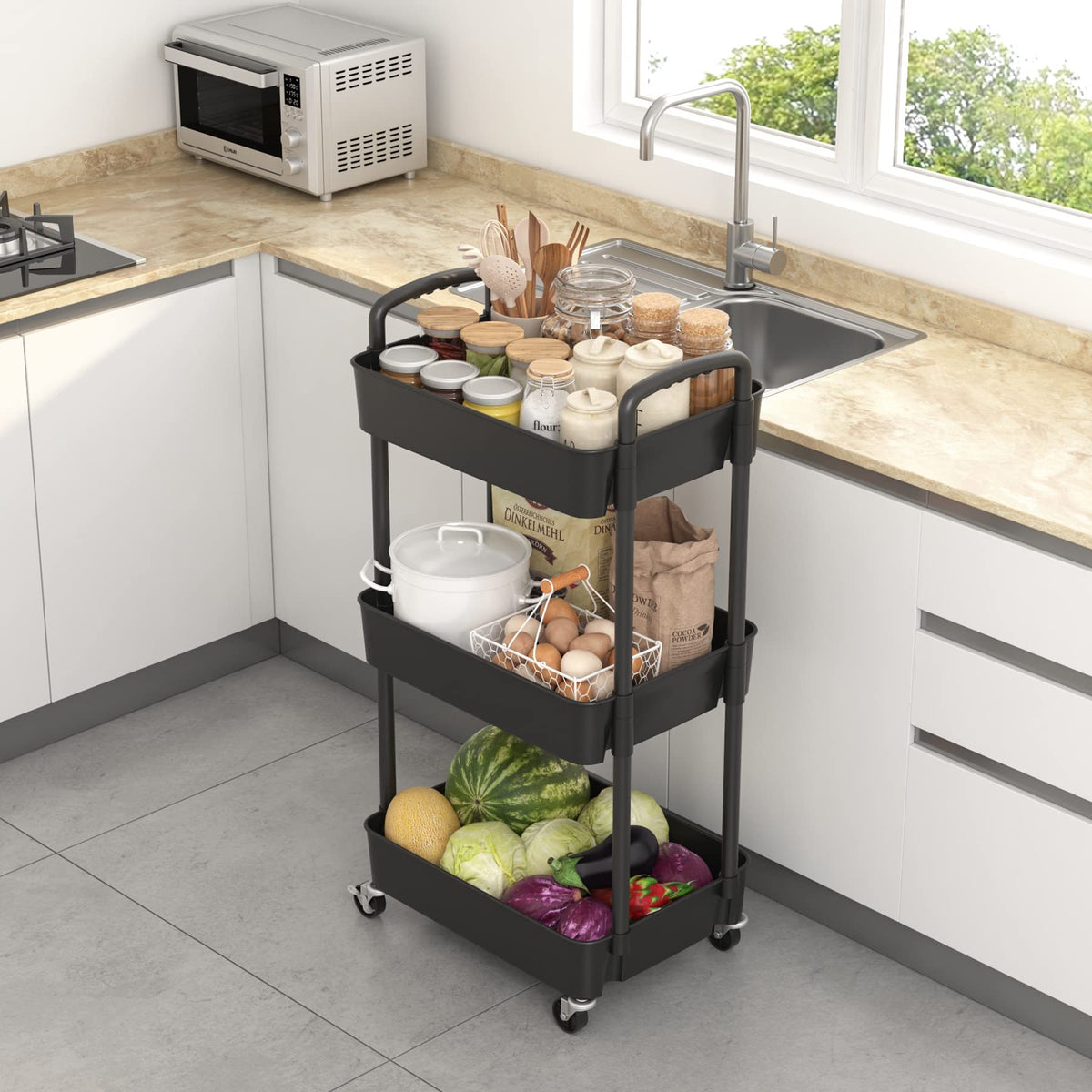 3-Tier Plastic Rolling Utility Cart with Wheels S515
