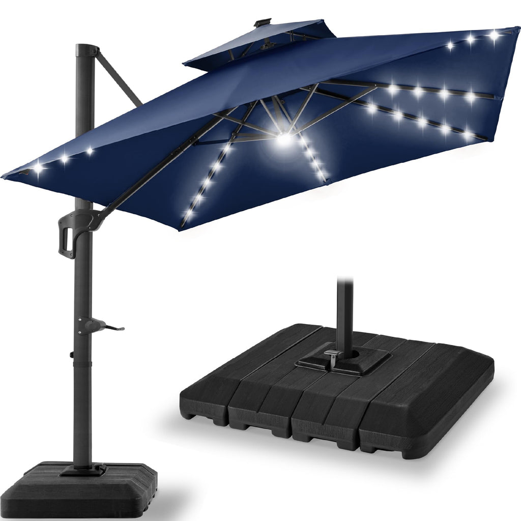 12x12ft LED Cantilever Patio Umbrella with Base and 360° Rotation B29853