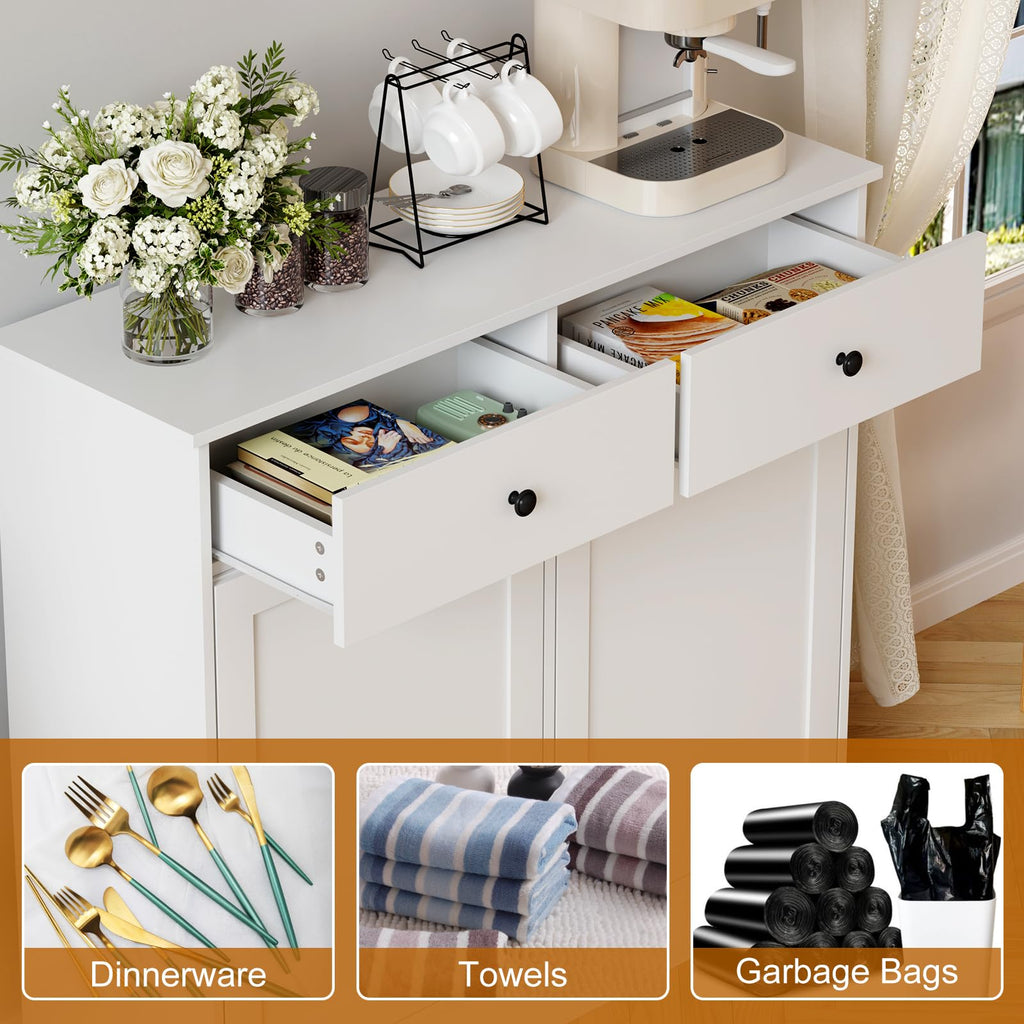 White 20 Gallons Wooden Tilt Out Trash Can Cabinet with 2 Drawers T1131