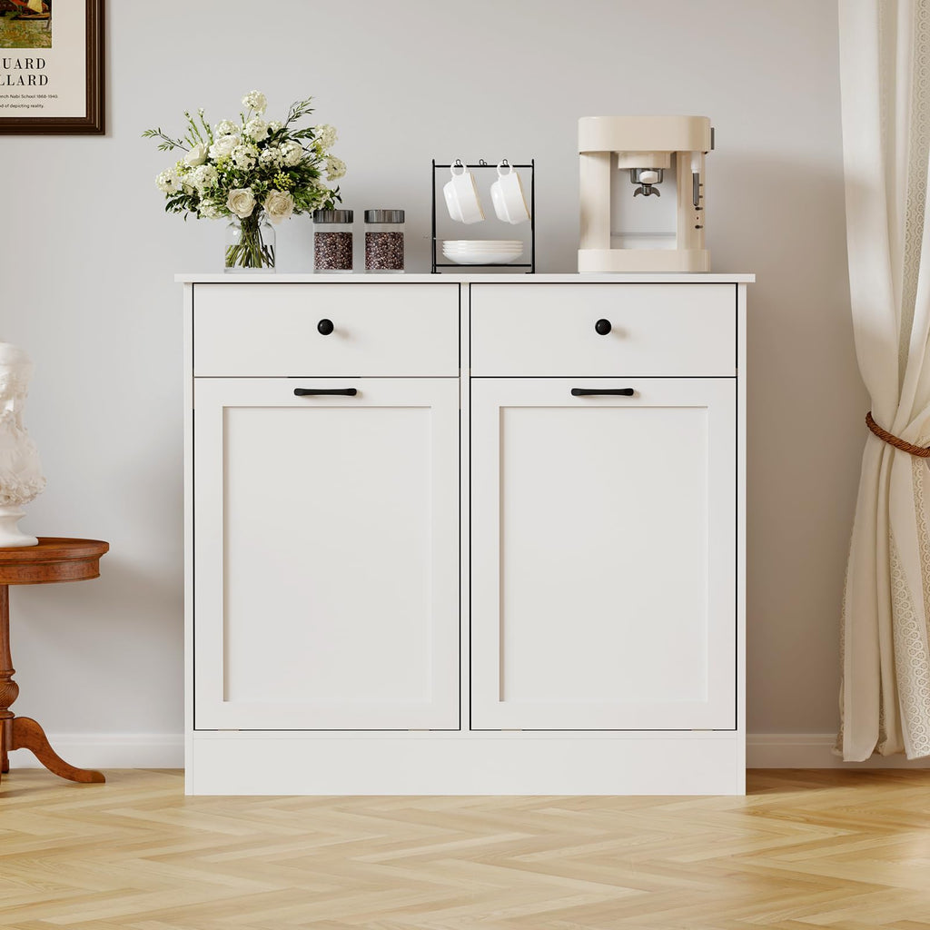 White 20 Gallons Wooden Tilt Out Trash Can Cabinet with 2 Drawers T1131