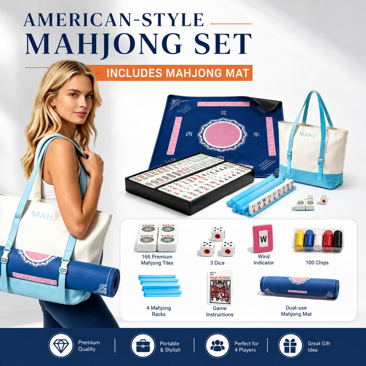 166 Deep Engraved Melamine Mahjong Set with Mat and 4 Racks E939467