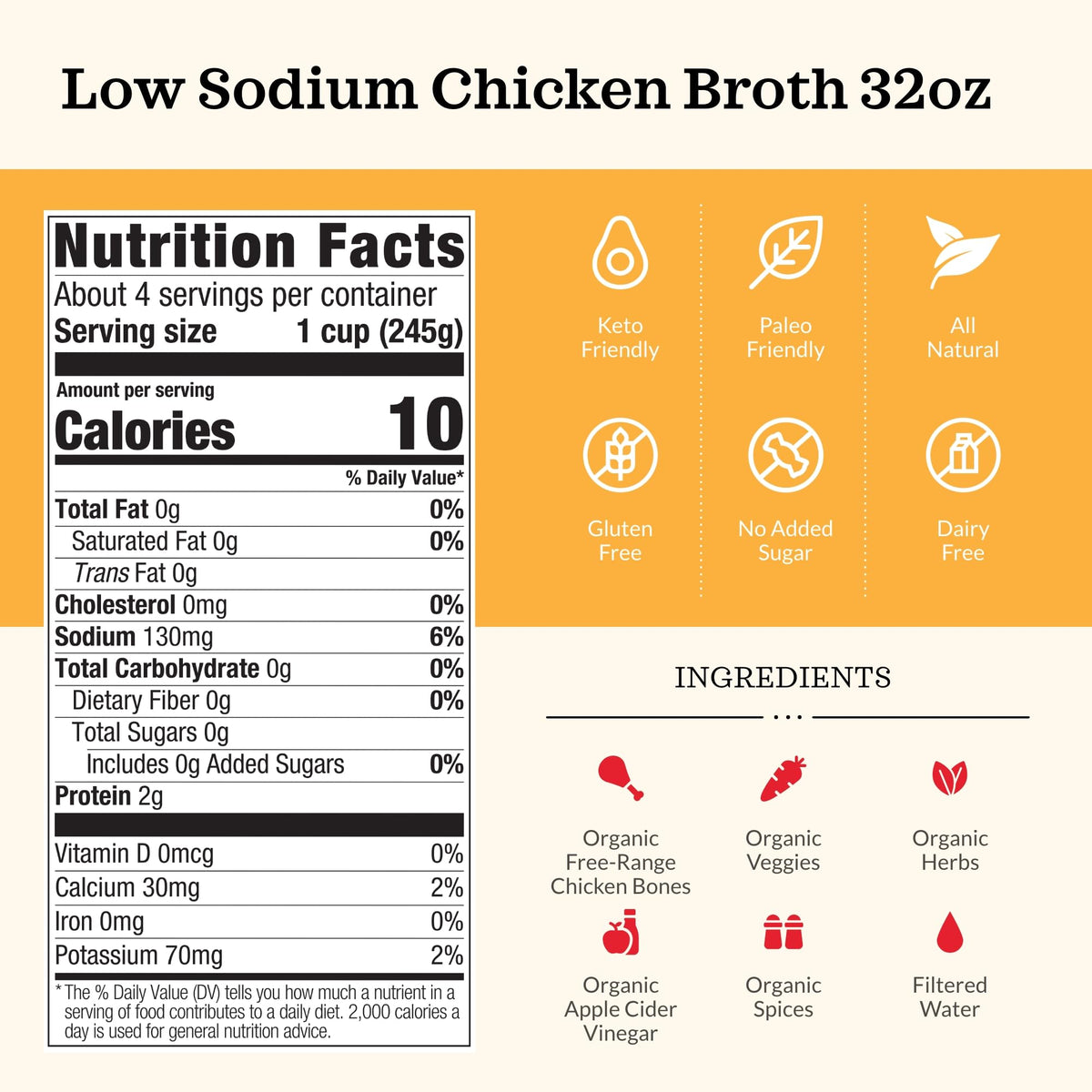 Low Sodium Chicken Broth Pack of 4 Organic 32 oz N6095