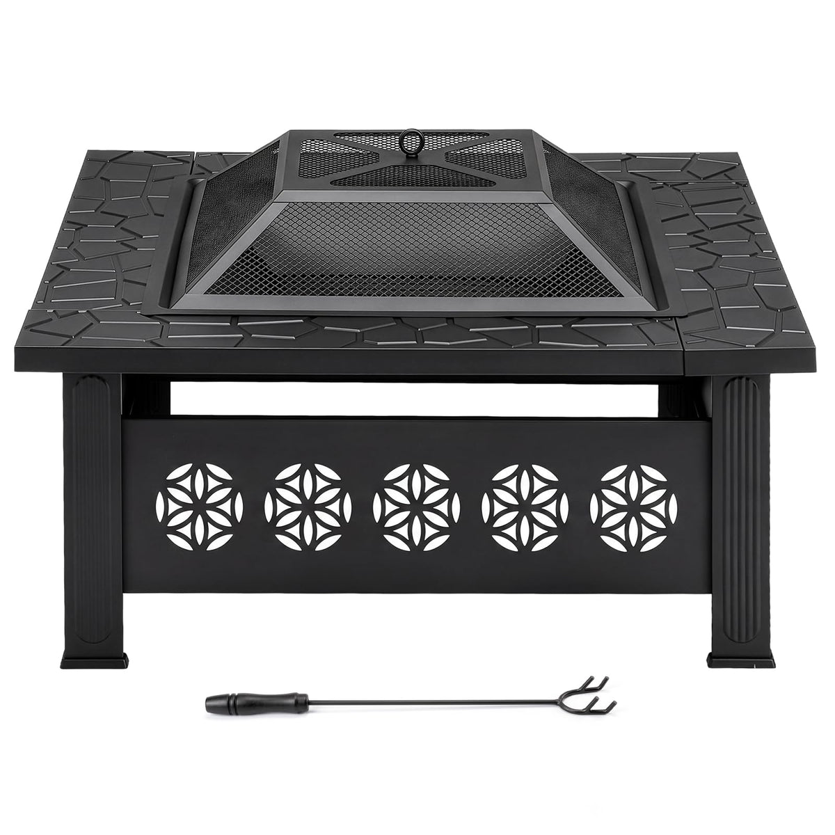 32 Inch Square Wood Burning Fire Pit Table with Spark Screen Lid and Fire Poker I664