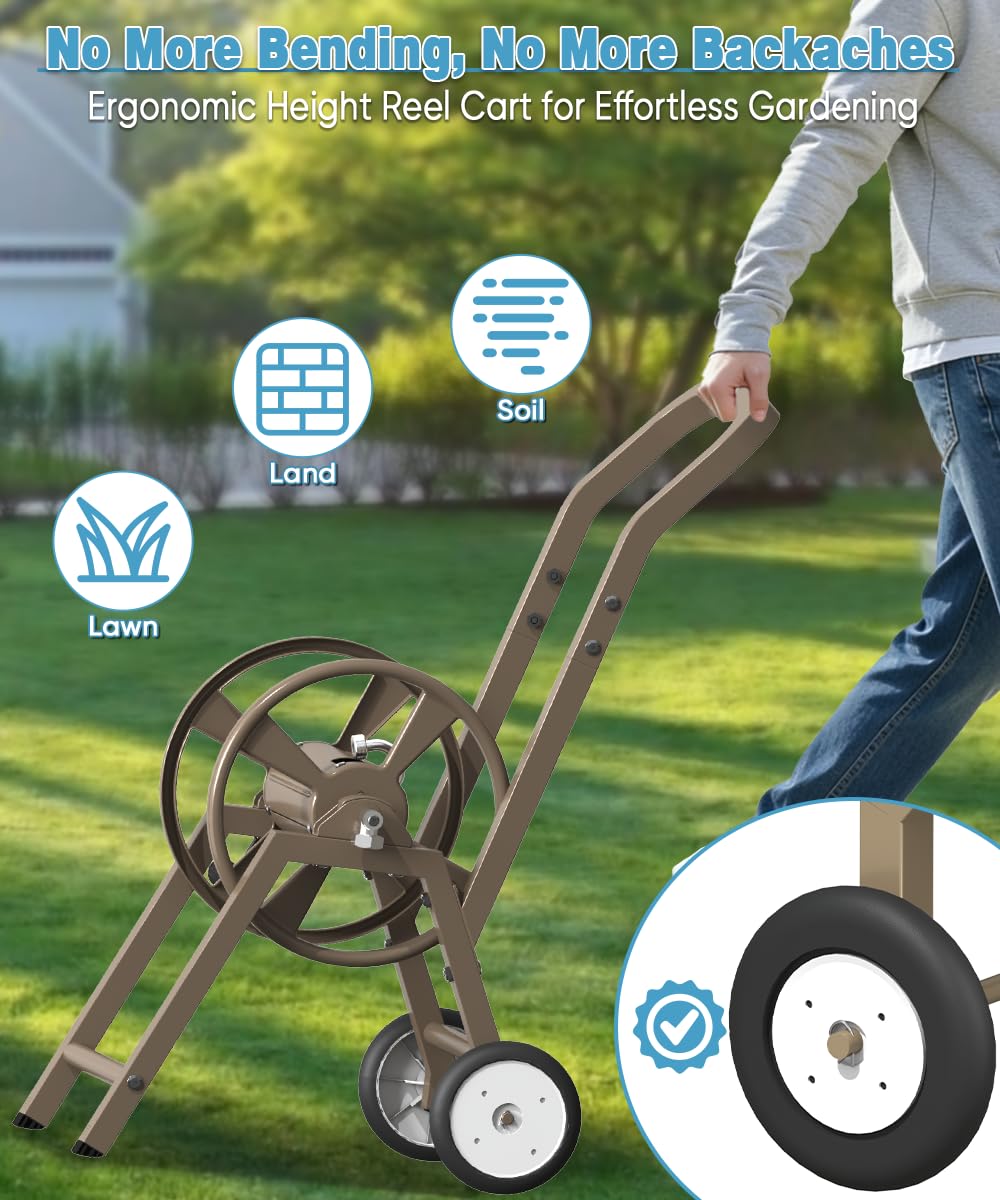 Garden Hose Reel Cart with Wheels, Holds 165 ft of 5/8'' Hose, Heavy Duty Steel, Brown N585