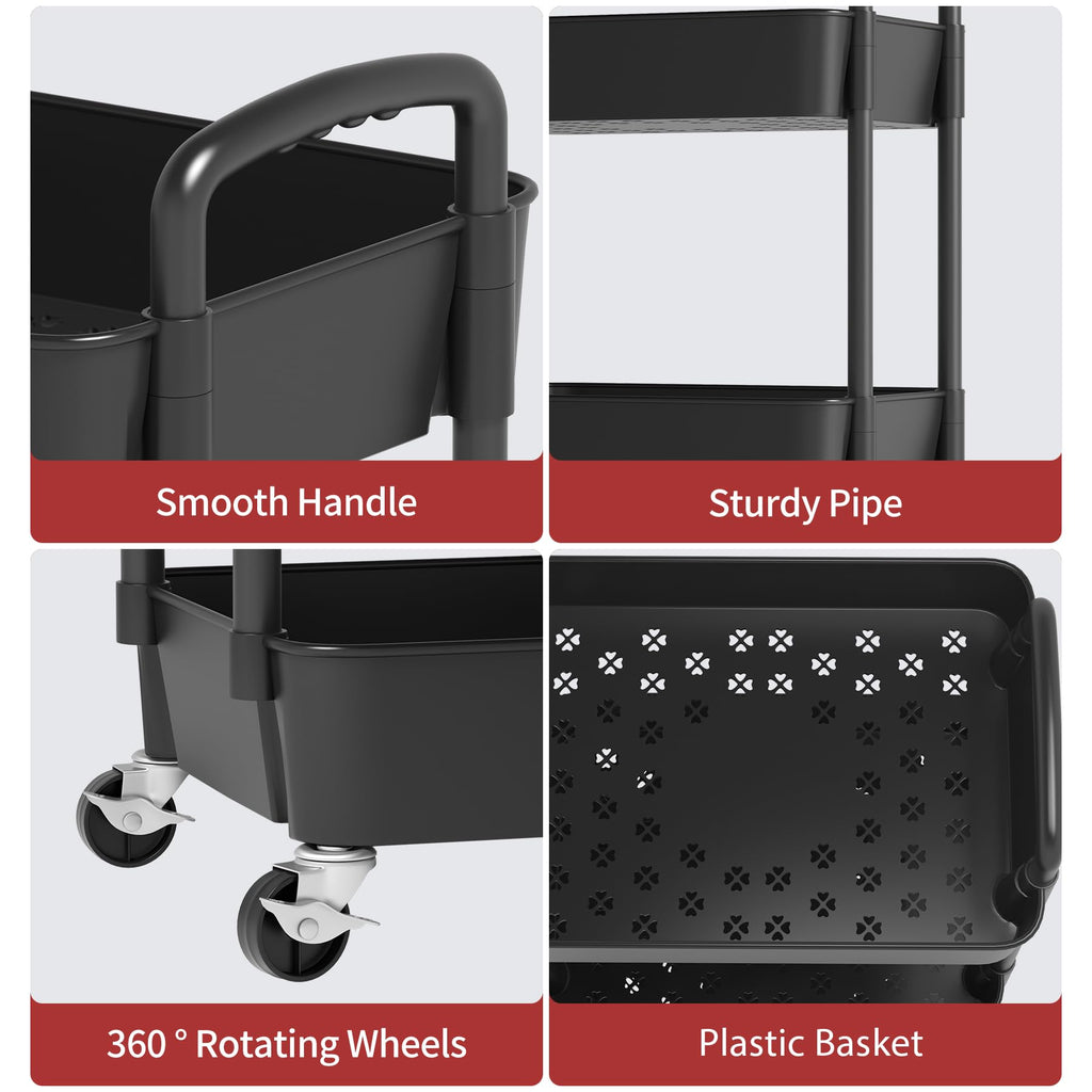 3-Tier Plastic Rolling Utility Cart with Wheels S515