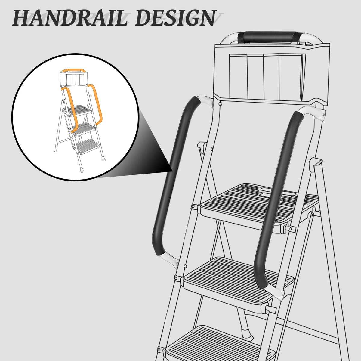 3 Step Folding Ladder with Handrails and Tool Bag, 500 lbs, Black T26753
