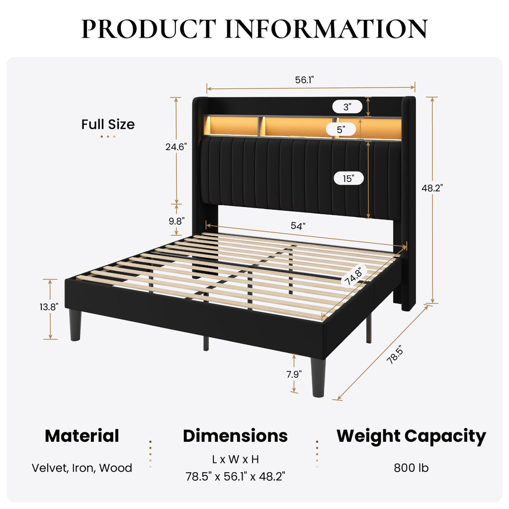 Full Size Velvet Upholstered Platform Bed Frame with Storage Shelf V900650
